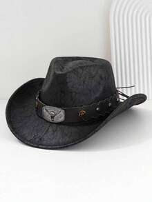 1 件男女通用 PU 皮革西部牛仔帽，搭配宽腰带和金属牛头铆钉腰带配饰，适合西部主题活动、派对、角色扮演，男女通用 - 鉚釘 - 查看 8