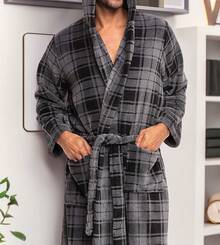 Mens Robe With Hood, Plush Fleece Hooded Mens Bathrobe, Big And Tall Bath Robe For Menhalloween - Gray Plaid - View 11