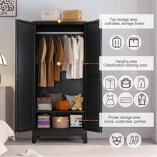 71 Inch High Metal Wardrobe, Bedroom Wardrobe With Mirror And Hanger, Steel Wardrobe With Adjustable Shelves And Storage Room, Suitable For Bedrooms, Laundry Rooms, Dormitories - 黑色 - 查看 4