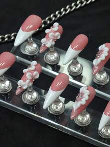 CrystalHola 10pcs Almond-Shaped Nails Y2K White French Style & Full Of Sparkling Rhinestones, 3D Flower Design Decoration, Ideal For Party And Daily Wear, Great As Gift For Women And Girls. Press On Nails - 彩色 - 查看 4