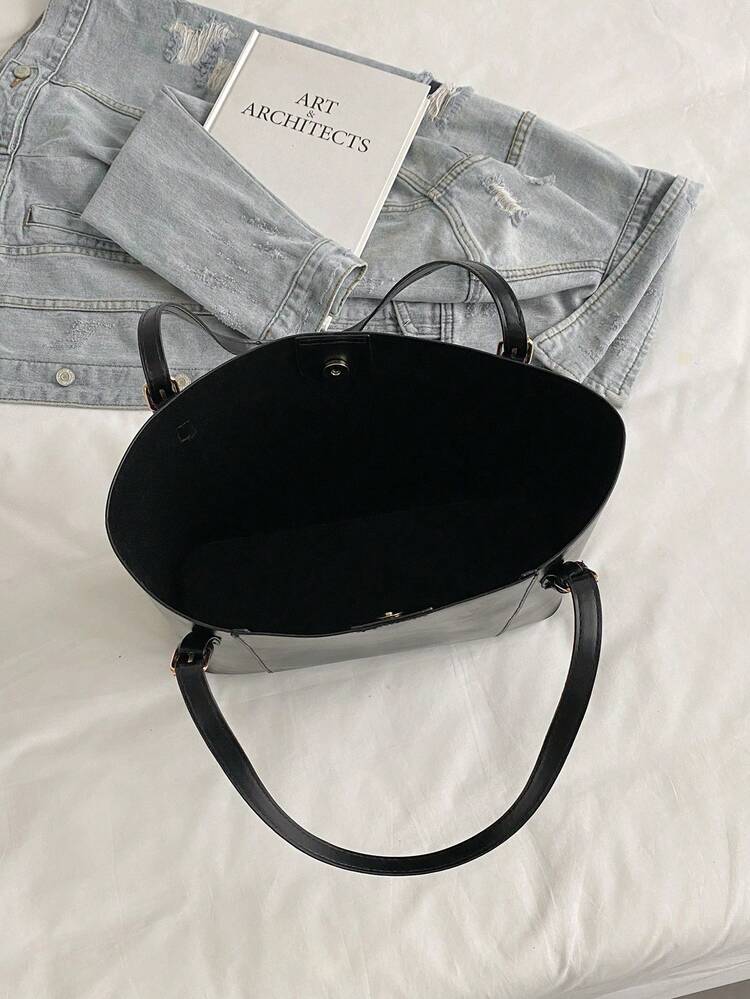 Bolso de tote de gran capacidad en color negro para mujeres, bolso de hombro minimalista de piel de PU con cierre de hebilla, bolso de trabajo y de uso diario adecuado para la oficina, la escuela y las compras - Negro - Añade 10