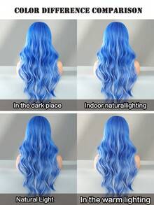 24 Inch Long Wavy Blue Grey Highlight Wig With Curtain Bangs For Women Heat Resistant Fiber Hairpiece,Natural Synthetic Full Machine Hair Wigs For Daily Music Festival Party Wear, Cosplay Halloween & Street Photography Use - 挑染藍色 - 查看 8