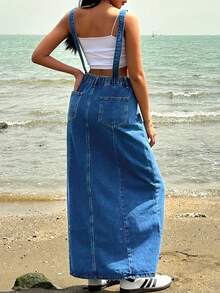 Women's Denim Jumpsuit - Loose Casual Long Sleeved Non Pocket Workwear, Adjustable Tie Waist, Loose Casual Retro Women's Denim Dress - Rửa tối - Xem 3