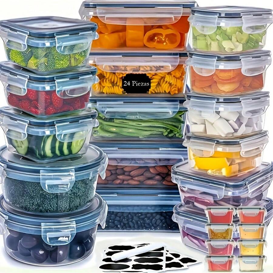 STABLO Blue 48 Piece/Set Food Storage Box Set, Fresh-Keeping Box, Easy To Fix Lid (24 Lids+24 Containers) - Sealed Plastic Container, Suitable For Pantry, Travel, Outdoor Picnic, Kitchen Tidying, Including Labels And Markings - 藍色 - 查看 1