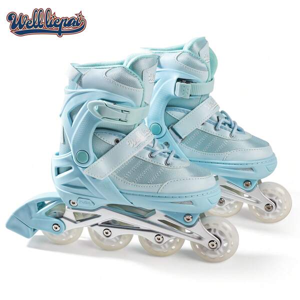 1 Par de Patines de Ruedas de unicolor, Zapatos de Patinaje de Ruedas para Interiores/Exteriores, Patines en Línea de Color Azul Claro de Moda Joven, Patines de Ruedas con Armazón de Aluminio de Alta Calidad, Talla Ajustable Unisex