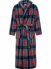 Mens Robe With Hood, Plush Fleece Hooded Mens Bathrobe, Big And Tall Bath Robe For Menhalloween - Classic Tartan Plaid Blue - View 1