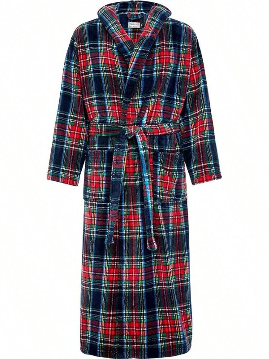 Mens Robe With Hood, Plush Fleece Hooded Mens Bathrobe, Big And Tall Bath Robe For Menhalloween - Classic Tartan Plaid Blue - View 1