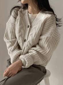 JIANHU 秋冬季女士復古粗針織針織外套-前鈕式，長袖，情人節及更多場合的完美穿搭 - 米色 - 查看 9