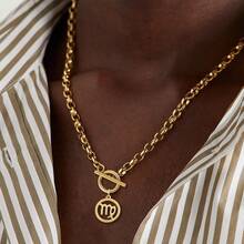 1 buah Kalung Liontin Zodiak Bulat Minimalis Baru, Rantai Emas Stainless Steel untuk Pria - Yellow Gold - View 1