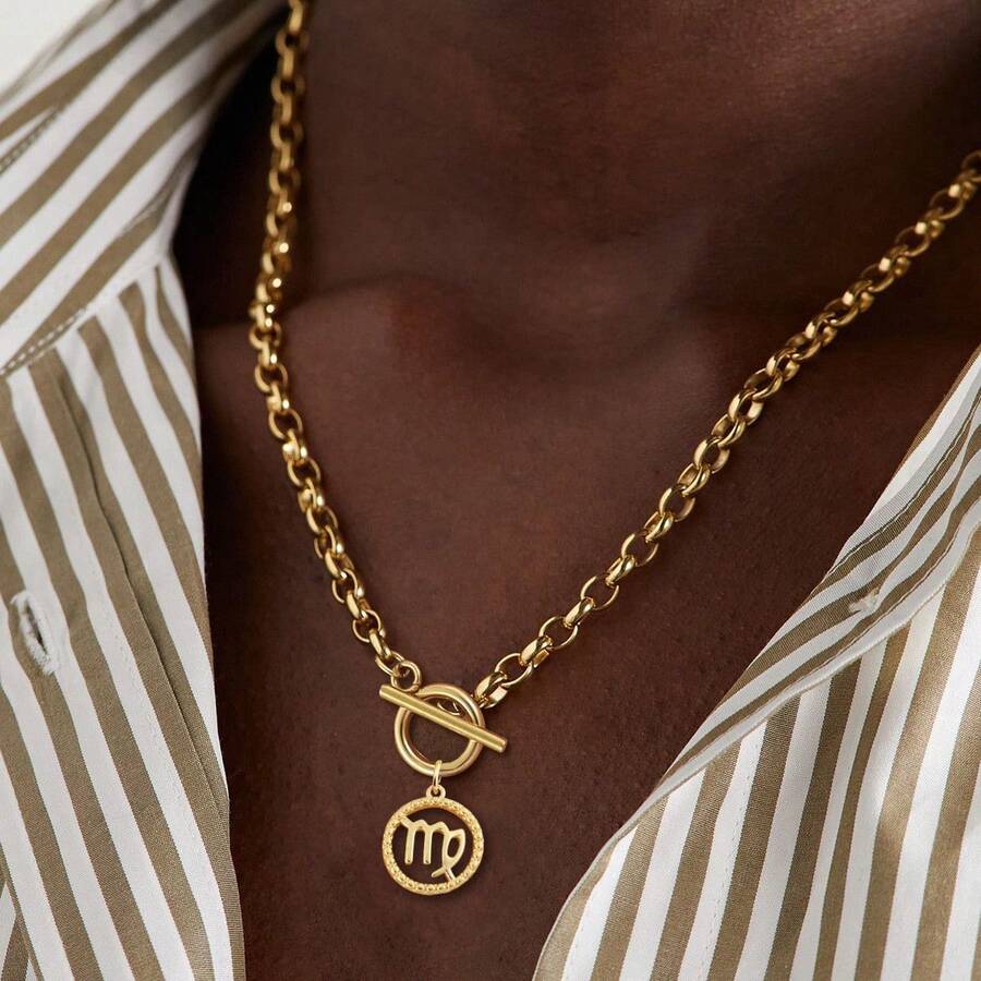 1 buah Kalung Liontin Zodiak Bulat Minimalis Baru, Rantai Emas Stainless Steel untuk Pria - Yellow Gold - View 1