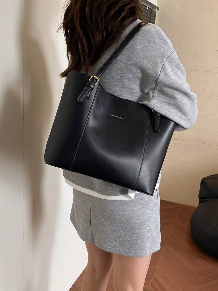 Bolso de tote de gran capacidad en color negro para mujeres, bolso de hombro minimalista de piel de PU con cierre de hebilla, bolso de trabajo y de uso diario adecuado para la oficina, la escuela y las compras - Negro - Añade 4