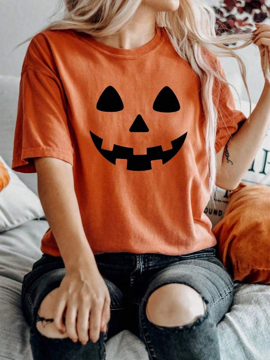 Camiseta estampada de calabaza pumpkin halloween verano otoño dia de muertos informal - Naranja - Ver 1