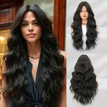 24 Inch Long Wavy Black Wig With Curtain Bangs For Women Heat Resistant Fiber Hairpiece,Natural Synthetic Full Machine Hair Wigs For Daily Music Festival Party Wear, Cosplay Halloween & Street Photography Use - 自然黑 - 查看 11