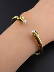 1pc 18K Gold Plated Stainless Steel Adjustable Cuff Bracelet, Elegant & Luxurious, Suitable As Gift For Family, Friends, Lover - Gold - View 4