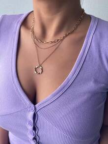 1 Pc Gold And Silver Plated Necklaces, Fashionable And Personalized Round Pendants, Multi-Layer Necklaces, Women's Jewelry Set, Light Luxury, Daily Wear, Vacation, Date, Surprise Exquisite Gifts, Halloween And Christmas Gifts - Vàng - Xem 2