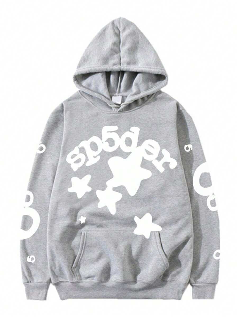 Gender - Neutral Fashion Hooded Set - Creative Star Pattern With Letter Decoration, Comfortable Casual Sports Style, Versatile For Daily Outings - Gray Sweatshirt - View 1