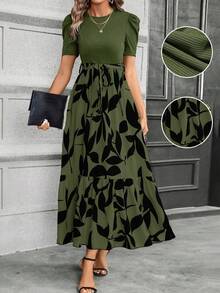 Vestido Negro Con Cuello Redondo Y Patchwork Para Mujer,Vestidos De Moda Y Elegantes,Vestido Con Cinturón Con Estampado Floral,Vestidos Casuales,Vestidos De Dama,Día de la madre - Verde - Ver 4