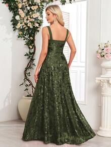 Elisanya Đầm dạ hội không tay thêu hoa đính sequin xẻ cao dành cho nữ, thanh lịch cho dạ hội, đám cưới, lễ tốt nghiệp, tiệc gala trang trọng. - Màu xanh Ô liu - Xem 3