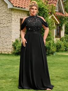Plus Halter Neck Sequin Floral Lace Cutout Shoulder Cape Sleeve Contrast Chiffon Pleated Hem Formal Party Dress Prom Wedding Guest Gown, For Graduation, Dinner - màu đen - Xem 6