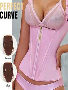 Fajas Colombianas Women Double Compression Waist Trainer Corset With Bone Adjustable Zipper And Hook-Eyes Flat Belly Body Shaper - 粉色 - 查看 3