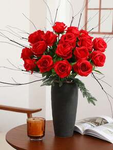 12 Pieces Artificial Silk Rose Flower Heads, Long Stem Artificial Silk Rose Bouquet - 3.5 Inch Large Flower Heads, Velvet Rose Real Touch, DIY Wedding Bouquet Bridal Shower Centerpiece Arrangement Party Table Decoration Valentine's Day And Mother's Day, Suitable For Home Wedding Party Decoration, Wedding Centerpiece, Fall Decoration, Valentine's Day, Gift, Birthday Gift, Graduation Ceremony - 紅色 - 查看 4