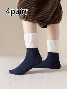 4 Pairs Kids Autumn/Winter Student High Elastic Faux Lamb Fleece Thick Colorblock Mid-Calf Socks - Multicolor - View 21
