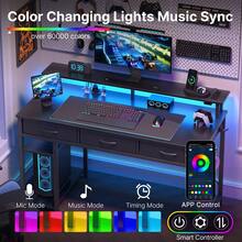 GREENSTELL 39/47/55 Inch Home Office Computer Desk With Power Outlets & LED Light ,3 Drawers & Storage Shelves | Multi-Functional Writing Desk With Monitor Stand, Computer Desk For Living Room , Home Office , Bedroom , Bedroom Decor​​ - 查看 2