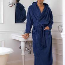 Mens Robe With Hood, Plush Fleece Hooded Mens Bathrobe, Big And Tall Bath Robe For Menhalloween - Navy Blue - View 3
