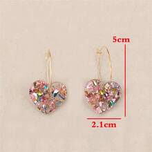 Vintage Pink Love Heart Drop Earrings Bohemian Retro Resin Sequin Heart Drop Earrings Multicolor Glitter Dangle Earrings Jewelry Gift For Women - 粉色 - 查看 4