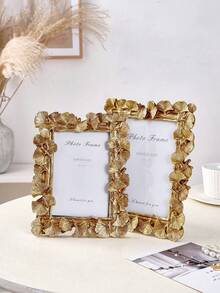 1 pieza Marco de fotos con decoración de encaje con hoja de ginkgo estilo europeo vintage en color dorado, para uso horizontal y vertical, con forro de papel interior aleatorio, para exhibición de fotos y decoración del hogar - Dorado - Ver 1