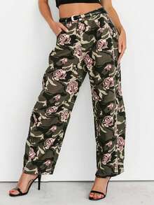 Womens Camo Rose Jeans High Rise Barrel Leg Denim Pants With Pockets Casual Long Trousers For Outdoor Office - 軍綠色 - 查看 4