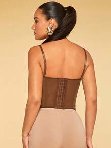 Women's Cropped Corset Top With Lace-Up And Spaghetti Straps, Shapewear For Parties And Nightclubs, Sleeveless Punk Jacket, Cosplay Costume, Cropped Bustier With Tight Fit And Lace, Sexy Corset Tank Top In Tight Mesh. Waist Cinching And Figure Shaping - màu nâu - Xem 8