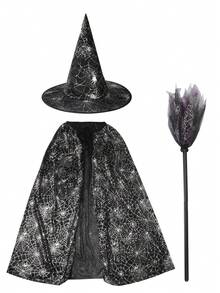 Set de 3 piezas Capa, Sombrero de Bruja con Araña Morada y Calabaza para Disfraz de Fiesta de Halloween