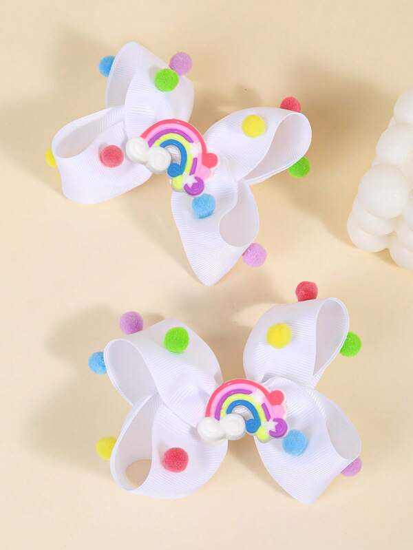 2 piezas de pinzas para el cabello con lazos blancos para niñas pequeñas, pasadores con decoración de pompones de colores caramelo, accesorios lindos para el cabello con clip de cocodrilo de arcoíris, accesorios para el cabello de niños y adolescentes, adecuado para la vida diaria