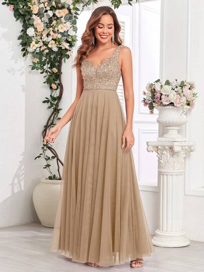 Women's Sweetheart Neck Sleeveless Sequin Mesh A-Line Elegant Ball Gown, Bridesmaid Dress, Wedding Guest Dress, Graduation Ceremony Dress, Evening Gown