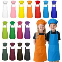 儿童围裙和厨师帽套装，男女童通用，带两个口袋，可调节，儿童绘画围裙，适合烹饪、课堂、烘焙、绘画、手工、烧烤、DIY、派对等场合，适合6-13岁儿童。