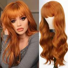 26 Inch Long Wavy Ginger Wigs With Bangs For Women Long Curly Natural Heat Resistant Fiber Synthetic Wine Orange Wigs For Halloween Daily Use Party Cosplay - Ginger - View 1