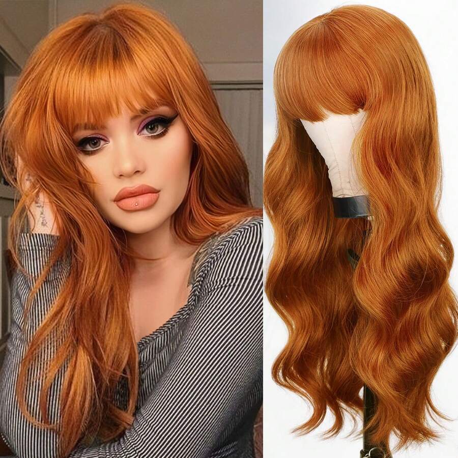 26 Inch Long Wavy Ginger Wigs With Bangs For Women Long Curly Natural Heat Resistant Fiber Synthetic Wine Orange Wigs For Halloween Daily Use Party Cosplay - Ginger - View 1