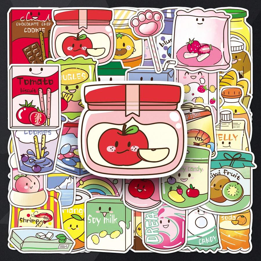 50张卡通食物原创彩色彩绘充气零食可爱ins风创意装饰收纳盒冰箱贴 - 彩色 - 查看 1