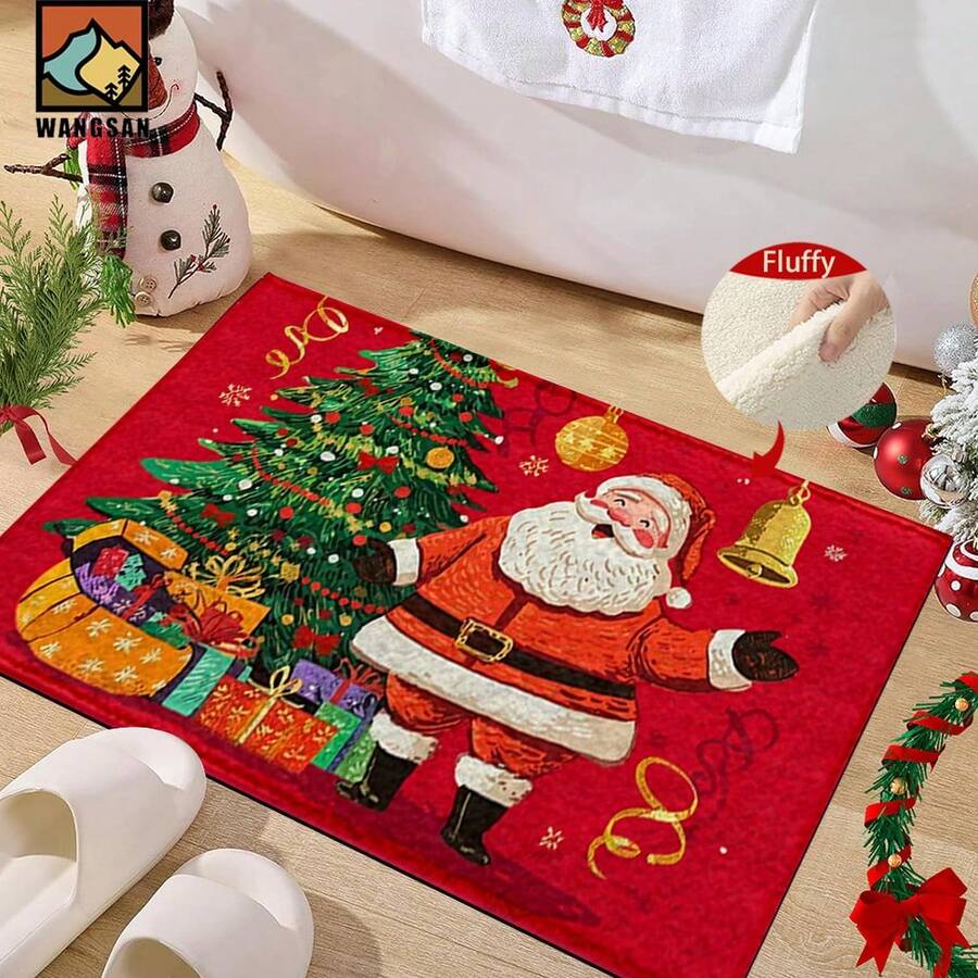 1 set/1 pieza/2 piezas Felpudo antideslizante con estampado de Papá Noel y árbol de Navidad, de fibra súper, adecuado para decoración de fiesta navideña, cocina, baño, comedor, dormitorio, puede ser dado como regalo de Navidad - Multicolor - Ver 1