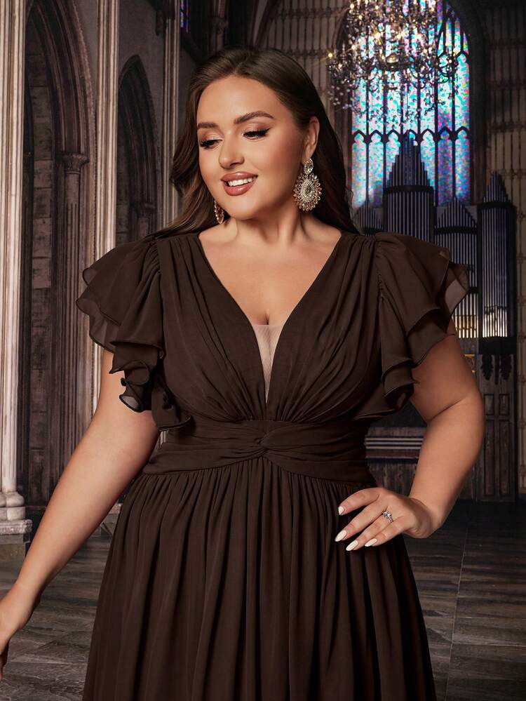 QOQ Vestido formal de unicolor y talla grande para mujer, vestido de dama de honor para eventos formales como bodas, fiestas de cumpleaños, con escote en V y mangas con volantes, primavera - Chocolate - Añade 6