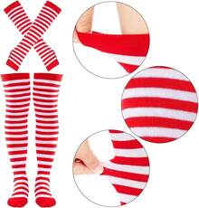 Tongcloud Women's Striped Knee High Socks, Over Knee Thigh High Socks, Arm Warmer And Fingerless Gloves SetHalloween Christmas New Year - 紅白色 - 查看 6