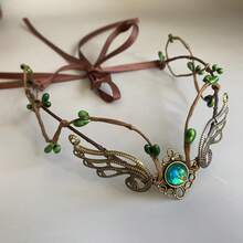 Crown For Women Forest Green Elf Headpiece V Shape Gemstone Headband Fake Leaf Forest Headpiece For Medieval Renaissance Costume Cosplay Photo Shoot - Green - View 1