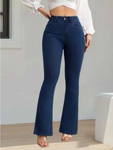 Women's Blue Wash Flare Jeans, High Waist, Bell Bottom With Lycra, Shaper, Butt Lifter, Gringa - 深色牛仔褲 - 查看 5
