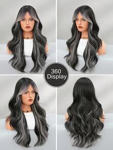 24 Inch Long Wavy Black White Highlight Wig With Curtain Bangs For Women Heat Resistant Fiber Hairpiece,Natural Synthetic Full Machine Hair Wigs For Daily Music Festival Party Wear, Cosplay Halloween & Street Photography Use - 挑染白色 - 查看 6