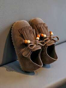 1 par de zapatos planos con diseño de lazo y cierre de gancho y bucle de PU para niñas, adecuados para primavera y otoño - Café integral - Ver 4