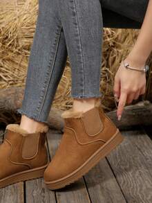 Bota Ankle Feminina de Bico Redondo, Cor Sólida, Forro Térmico, Confortável Slip-On, Bota de Neve para Uso Interno e Externo, Outono/Inverno