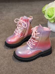 1 Pair Girls Rainbow Glitter Side Zipper Round Toe Thick Sole Cute Fashion Boots, Soft & Comfortable, Suitable For 2-15 Years Old Boys & Girls, Indoor & Outdoor Wear, Versatile For All Seasons And Occasions