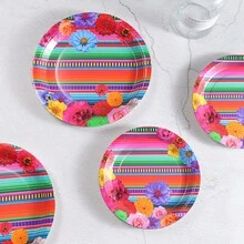 彩色花卉和条纹一次性盘子、杯子、爆米花盒、食品容器套装，适合 24 位客人的派对用品，一次性纸盘派对餐具套装，适合生日、婚礼、派对、家庭野餐 - 多色 - 查看 5