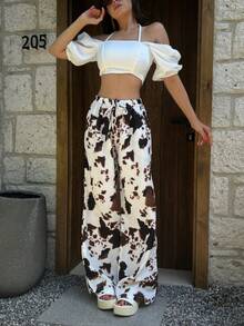 女式黑色牛纹宽松平纹细布裤，花卉印花，休闲优雅，系带腰部，适合度假和日常穿着 - 黑色 - 查看 3